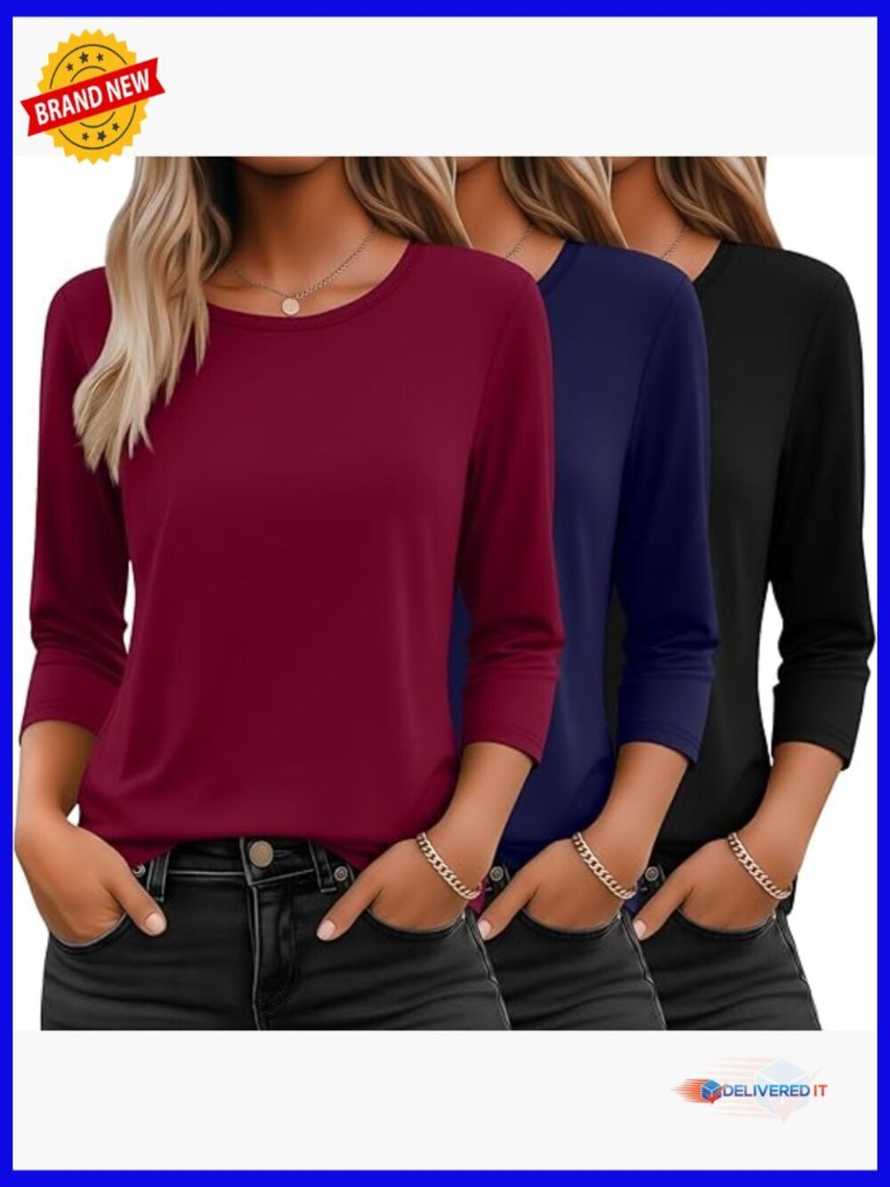 3/4 Sleeve Tops for Women Round Neck Dressy Basic Tee Casual Loose Fit